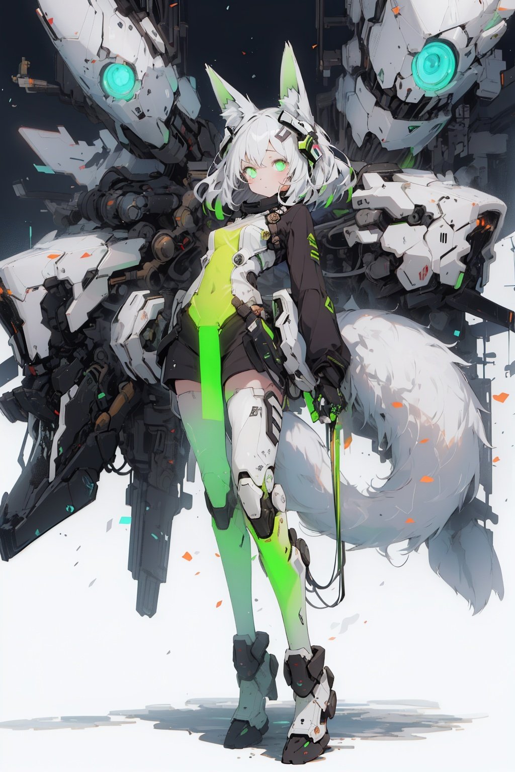 best quality,masterpiece,illustration,1girl,solo,full body,Fox ears,Mecha,machine,Bushy tail,Blank background,Mechanical leg,(Fluorescent color:1.5),Laser violet,