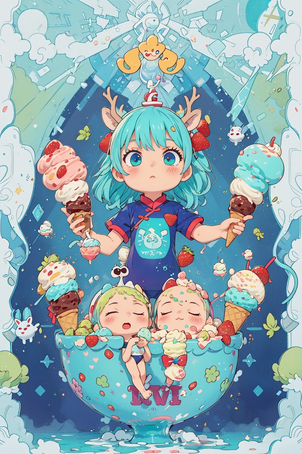 masterpiece, ice cream sundae bowl, blue haired girl child, multi-colored scoops of ice cream, pistachio, strawberry, mint chip sauce, cool swimwear, ice cream balloons, rainbow hues, burst, dreamy expression, sugary wonderland, wide angle telephoto lens, huge scale, pastel colors, cobalt hair, 1 girl, Chinese clothes, Dragon ear, deer ear, full body, QRobot, chibi, nijistyle, cute swimsuit, Diives, nop, Pixar, children.