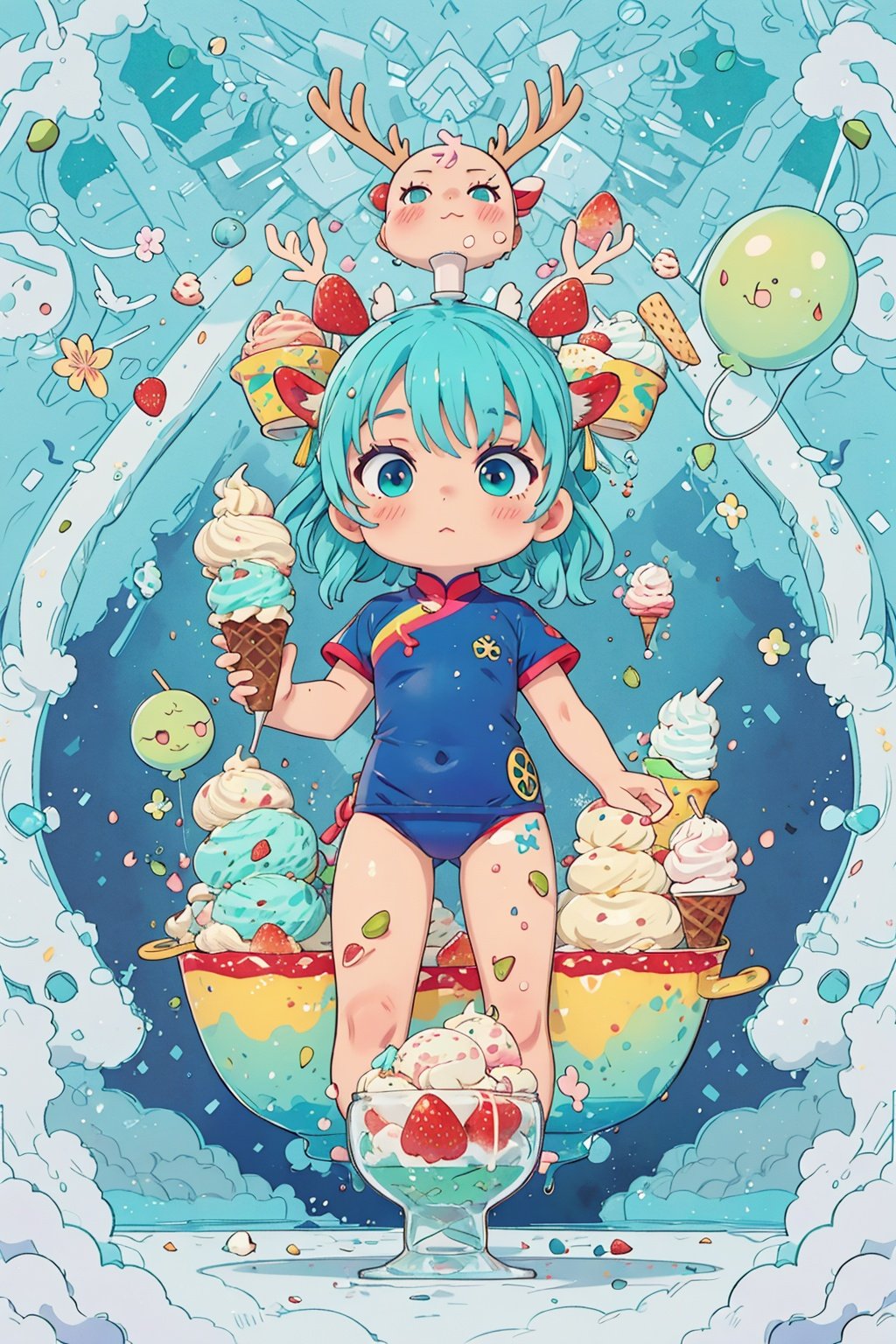 masterpiece, ice cream sundae bowl, blue haired girl child, multi-colored scoops of ice cream, pistachio, strawberry, mint chip sauce, cool swimwear, ice cream balloons, rainbow hues, burst, dreamy expression, sugary wonderland, wide angle telephoto lens, huge scale, pastel colors, cobalt hair, 1 girl, Chinese clothes, Dragon ear, deer ear, full body, QRobot, chibi, nijistyle, cute swimsuit, Diives, nop, Pixar, children.