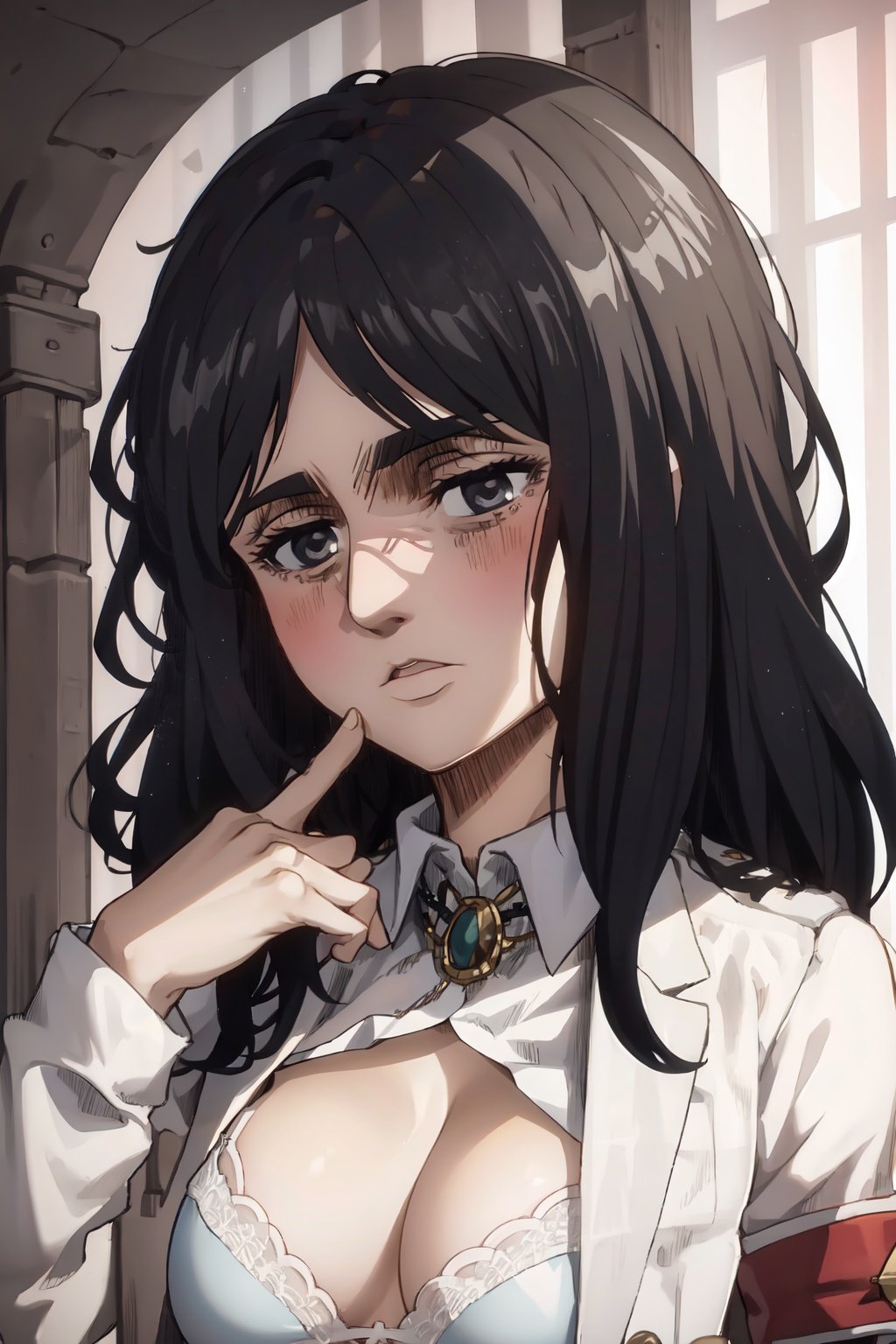 1girl, solo, masterpiece, best quality, open shirt, bra, blush, large breasts, upper body, portrait, finger on lip,, <lora:EMS-2273-EMS:1>