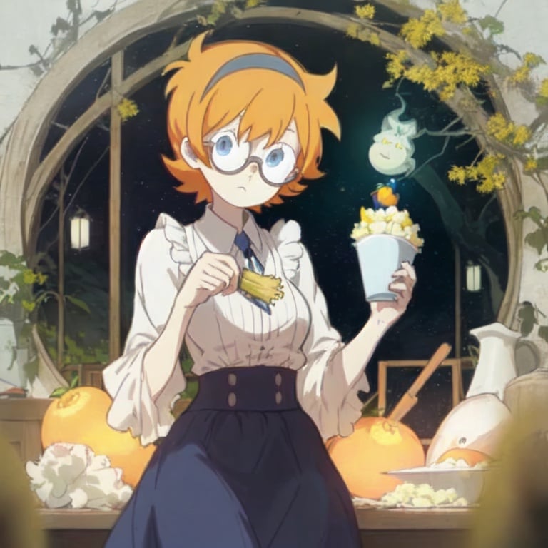 1girl,Lotte jansson,Orange yellow hair,Short hair,Blue eyes,Glasses, eating corn, alone, solo, anime style, (master piece, more details)