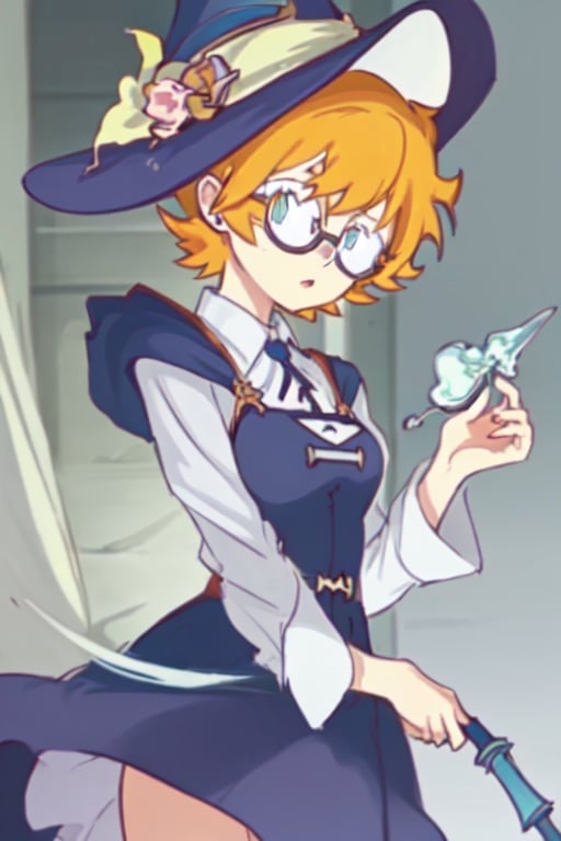 1girl, Lotte jansson,Orange yellow hair,Short hair,Blue eyes,Glasses, perfect eyes, anime style, witch custom,