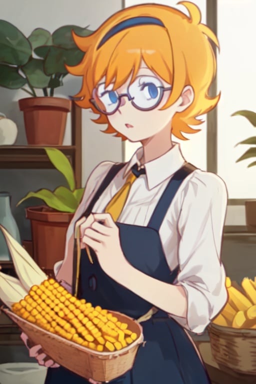 1girl,Lotte jansson,Orange yellow hair,Short hair,Blue eyes,Glasses, holding a corn,