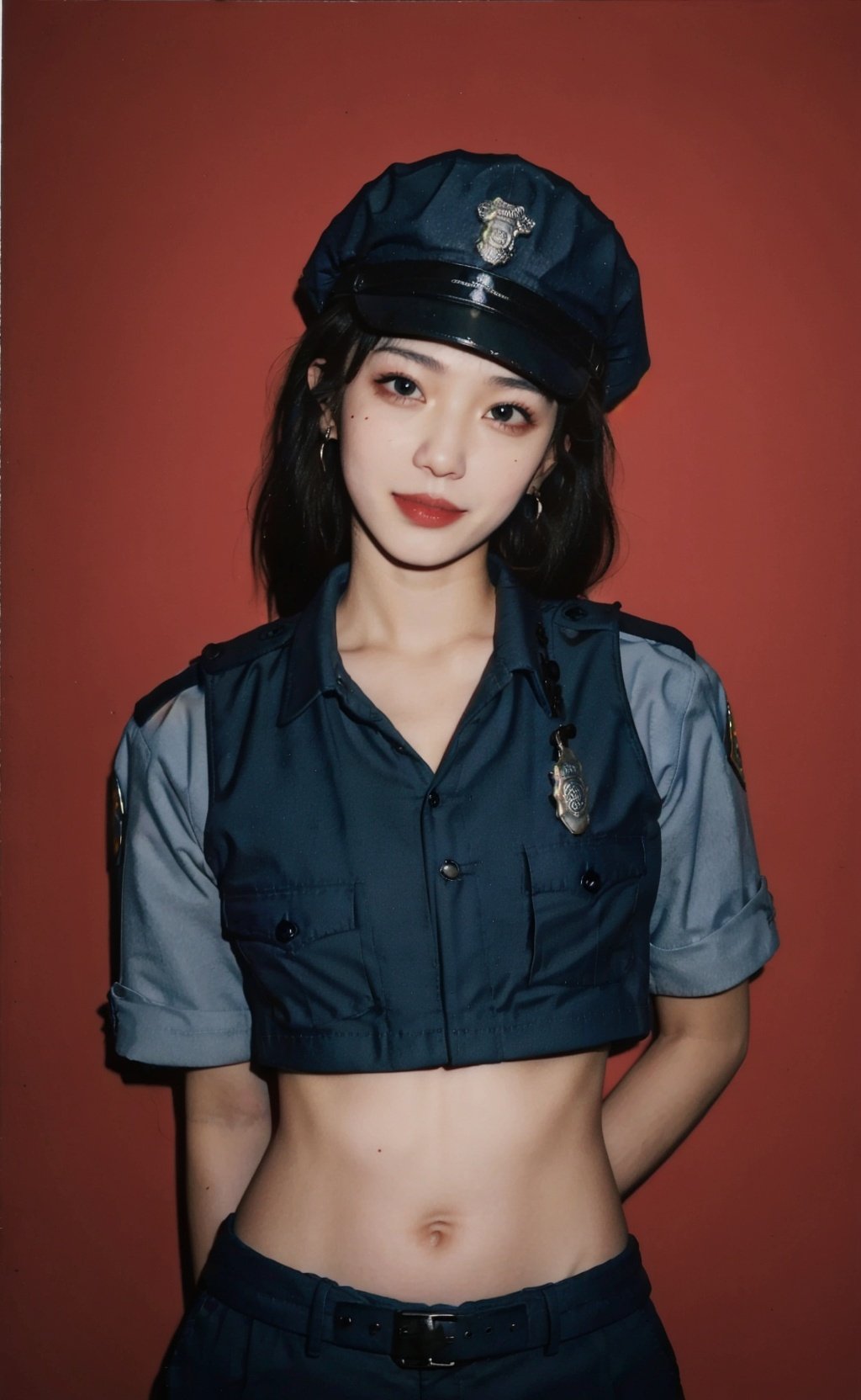 <lora:InstantPhotoX3:0.7>, simple background,(Wearing a female police uniform and a police cap:1.4), good hand,4k, high-res, masterpiece, best quality, head:1.3,((Hasselblad photography)), finely detailed skin, sharp focus, (cinematic lighting), soft lighting, dynamic angle, [:(detailed face:1.2):0.2],midriff peek, medium breasts, breasts,(((inside mansion))),1girl, jewelry,earrings, orange_sky, solo, mole, long_hair, mole under eye, upper body, grey eyes, looking at viewer,black hair,Fashion,(head tilt:1.4), red background, lips, slightly smile