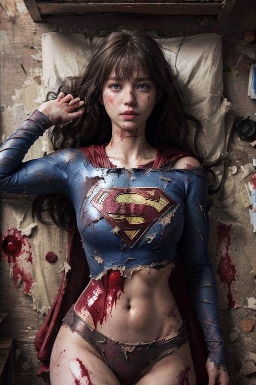 8k, best quality, real picture, intricate details, ultra-detailed, ultra highres, depth field,(photorealistic,realistic:1.2), masterpiece,photo of 1girl, supergirl, wounded, superhero, lying, on back, realistic, ripped bodysuit, (dirty, bruise,blood:1.3), blue eyes, blonde hair, lips, long hair, solo, (revealing ripped clothes, torn clothes:1.3), ruined city background, best quality, realistic, photorealistic, (intricate details:1.2), (delicate detailed), (cinematic light), clear line, sharp focus, realistic face,supergirl