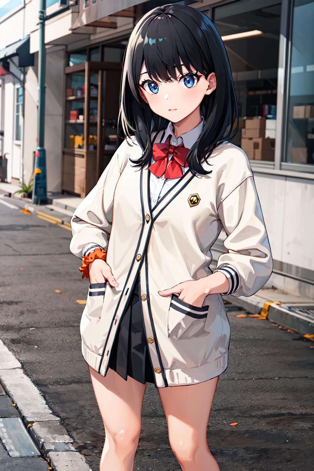 masterpiece, best quality, highres, rikka1, 1girl, takarada rikka, black hair, solo, blue eyes, wrist scrunchie, long hair, red socks, school uniform, black skirt, bangs, pleated skirt, orange scrunchie, red bow, white cardigan, long sleeves, bowtie, white shirt, miniskirt, white sweater, <lora:takarada_rikka_v1:0.6>, hand in pocket, street