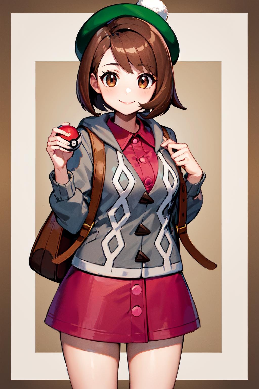 masterpiece, best quality, highres, gloria1, 1girl, gloria \(pokemon\), brown hair, solo, backpack, brown eyes, tam o' shanter, grey cardigan, pink dress, short hair, green socks, socks, brown bag, bob cut, bangs, long sleeves, collared dress, <lora:gloria_(pokemon)_v1:0.6>, cowboy shot, standing, smile, holding poke ball, 