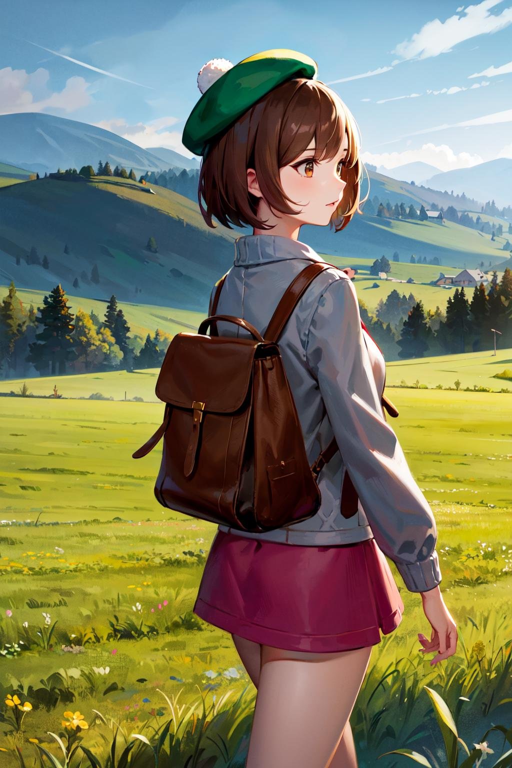 masterpiece, best quality, highres, gloria1, 1girl, gloria \(pokemon\), brown hair, solo, backpack, brown eyes, tam o' shanter, grey cardigan, pink dress, short hair, green socks, socks, brown bag, bob cut, bangs, long sleeves, collared dress, <lora:gloria_(pokemon)_v1:0.6>, cowboy shot, walking, from side, grass, field, outdoors,