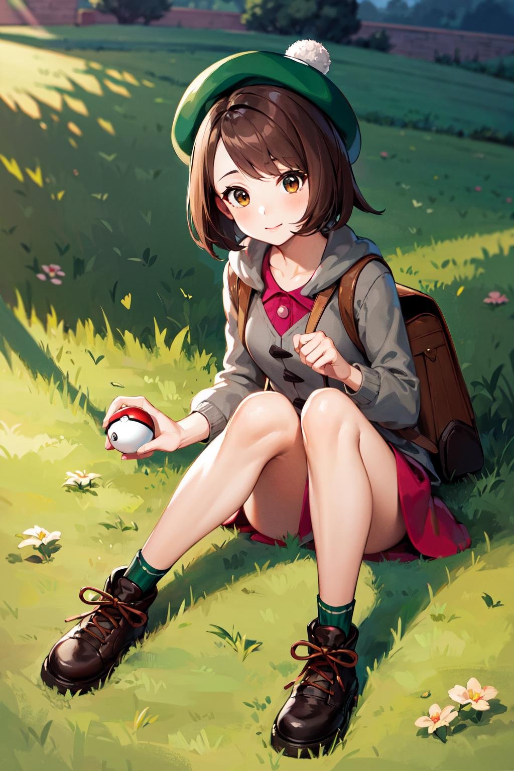 masterpiece, best quality, highres, gloria1, 1girl, gloria \(pokemon\), poke ball \(basic\), brown hair, solo, holding poke ball, backpack, brown eyes, tam o' shanter, grey cardigan, pink dress, short hair, green socks, socks, brown bag, bob cut, bangs, long sleeves, collared dress, <lora:gloria_(pokemon)_v1:0.6> field, grass, full body, boots,