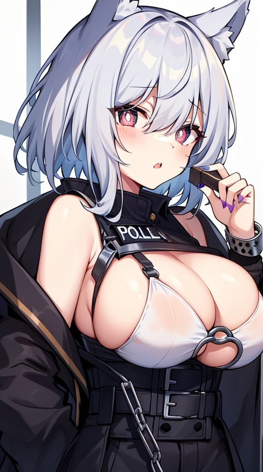 1girl, solo, wolf girl, wolf ears, short eyebrows, Animal ears, purple nails, white skin,  large breasts, (hair over eyes:1.1), ringed eyes, pink pupils, silver hair, Pointy hair, Short hair, Asymmetrical bangs, Braid, (police:1.4), (handcuffs:1.2), (aroused:1.2), (hair fan), light blush, open coat, you gonna get eaten, sideboob, 