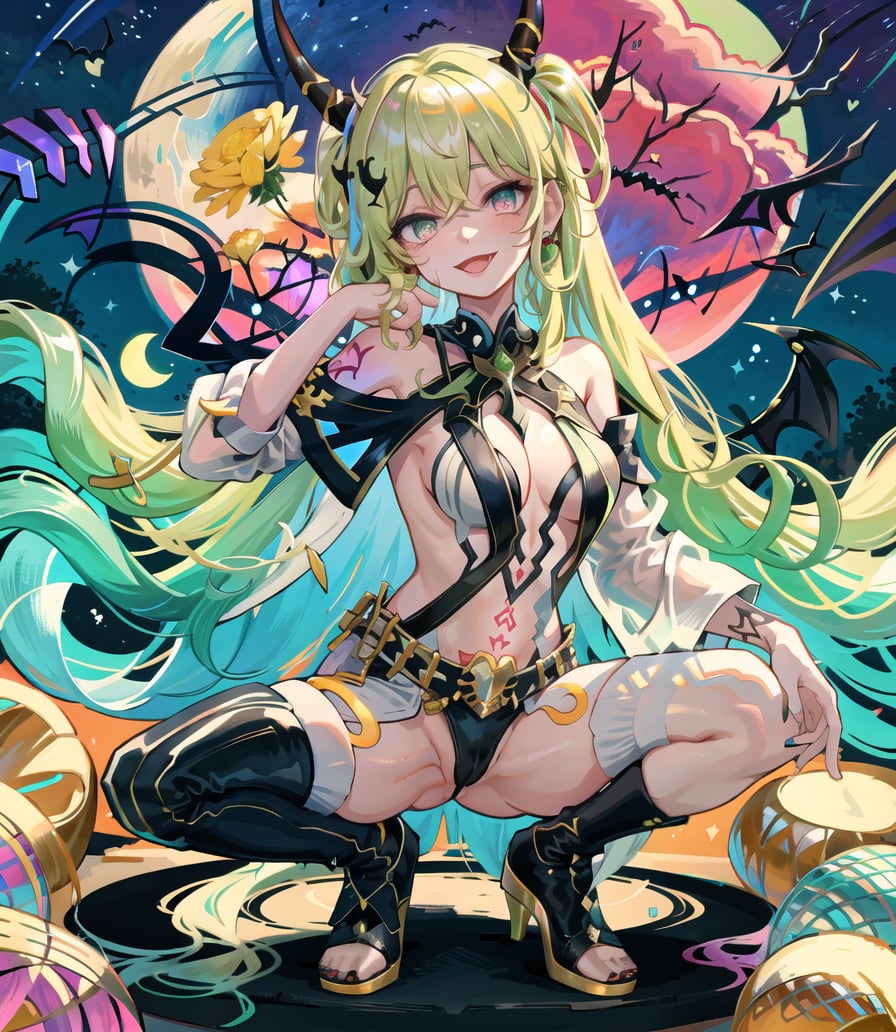 (bottle bottom:0.9), mid shot, full body,highly details,[[bottle bottom]::0.5], (isometric:1.1),Spooky medieval castle with bats coiled in the sky, surrounded by tombstones and candles, and a bright moon,1girl,  demon_girl, bat_wings, blonde_hair, breasts, demon_horns, demon_tail, demon_wings, heart_tattoo, high_heels, horns, jewelry, large_breasts, (green long hair:1.2),  pointy_ears, pubic_tattoo, tail, tattoo, thighhighs, tongue, detailed eyes,pussy line,(green hair:1.2),open_mouth,  (spread_legs, squatting:1.2),tongue_out, looking_at_viewer, open legs,hand_up, show_pussy,<lora:翻个的咸鱼手手-v3:0.15>,(detailed face:1.0),///////////////////////////