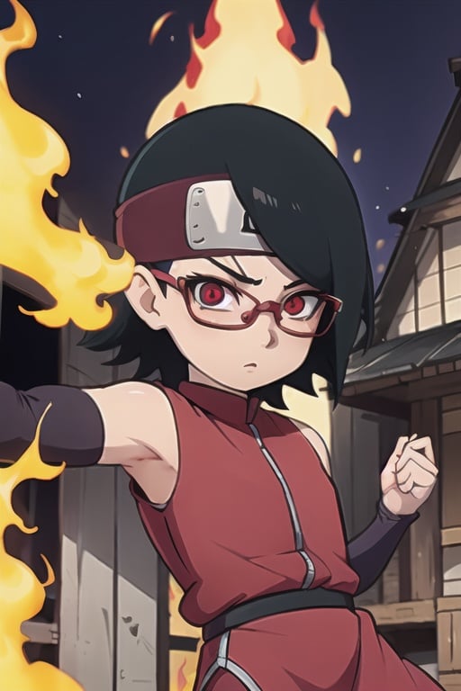 <lora:saradaV1-07:0.8>,masterpiece, loli, ninja, sharingan eyes, red eyes, red glasses, fighting in burning town, short hair, head band