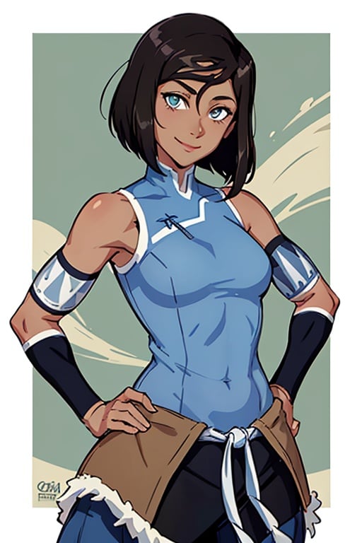 (masterpiece, best quality:1.2), solo, 1girl, korra, dark skin, dark-skinned female, smile, looking at viewer, hand on hip, short hair, sleeveless, bare shoulders