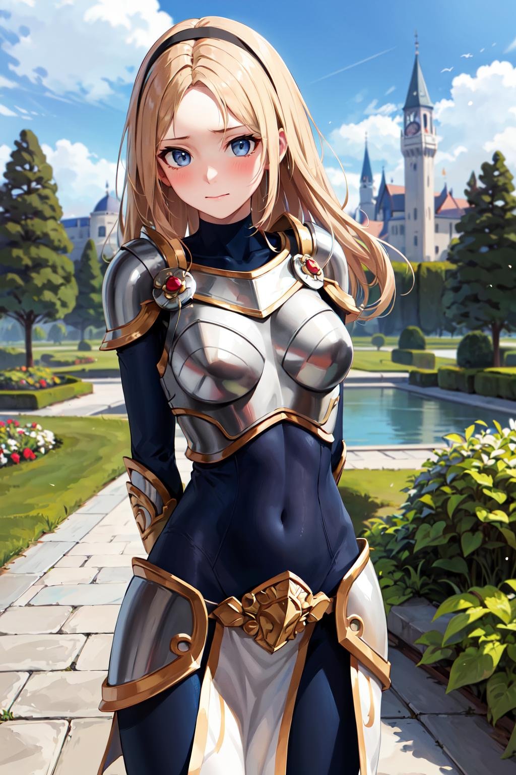 masterpiece, best quality, highres, lux1, long hair, 1girl, solo, armor, breastplate, bodysuit, gloves, white gloves, boobplate, <lora:lux_v1:0.5>, arm behind back, outdoors, castle, garden, embarrassed, looking at viewer, 