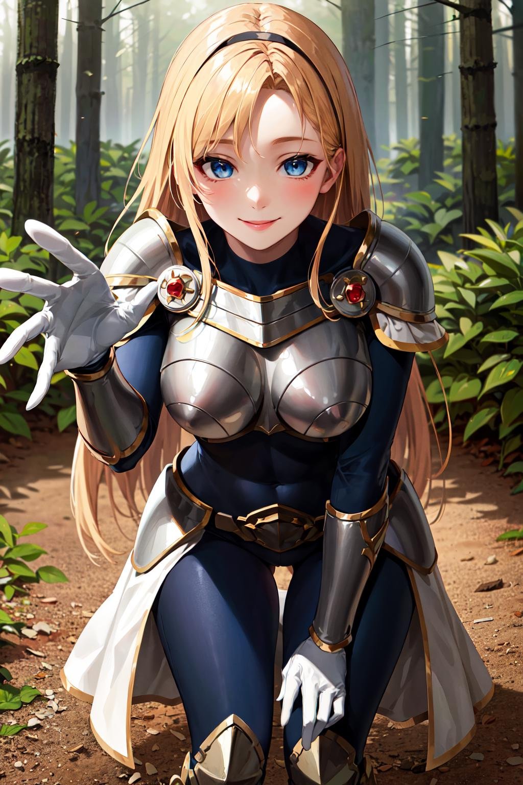 masterpiece, best quality, highres, lux1, long hair, 1girl, solo, armor, breastplate, bodysuit, white gloves, boobplate, <lora:lux_v1:0.5>,  smile, reaching out, hand on own knee, forest, leaning forward, 