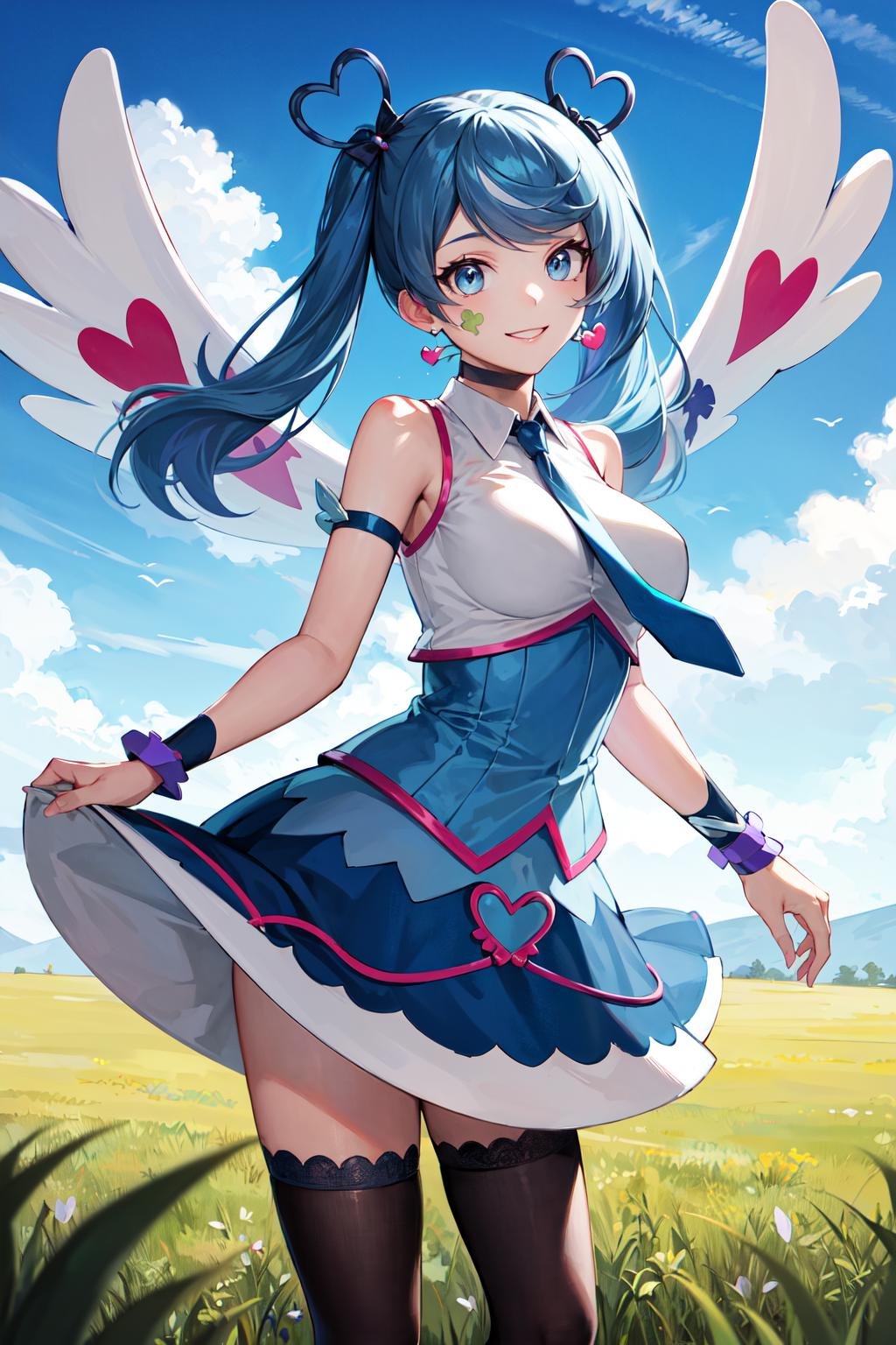 masterpiece, best quality, highres, heart hair ornament, ba1, 1girl, solo, jewelry, necktie, skirt, sleeveless, blue necktie, choker, breasts, black thighhighs, shirt, dress, blue skirt, skirt_ornament, wings, four-leaf clover_facial_tattoo, <lora:blue_angel_v1:0.7>, standing, cowboy shot, smile, grass, field, 