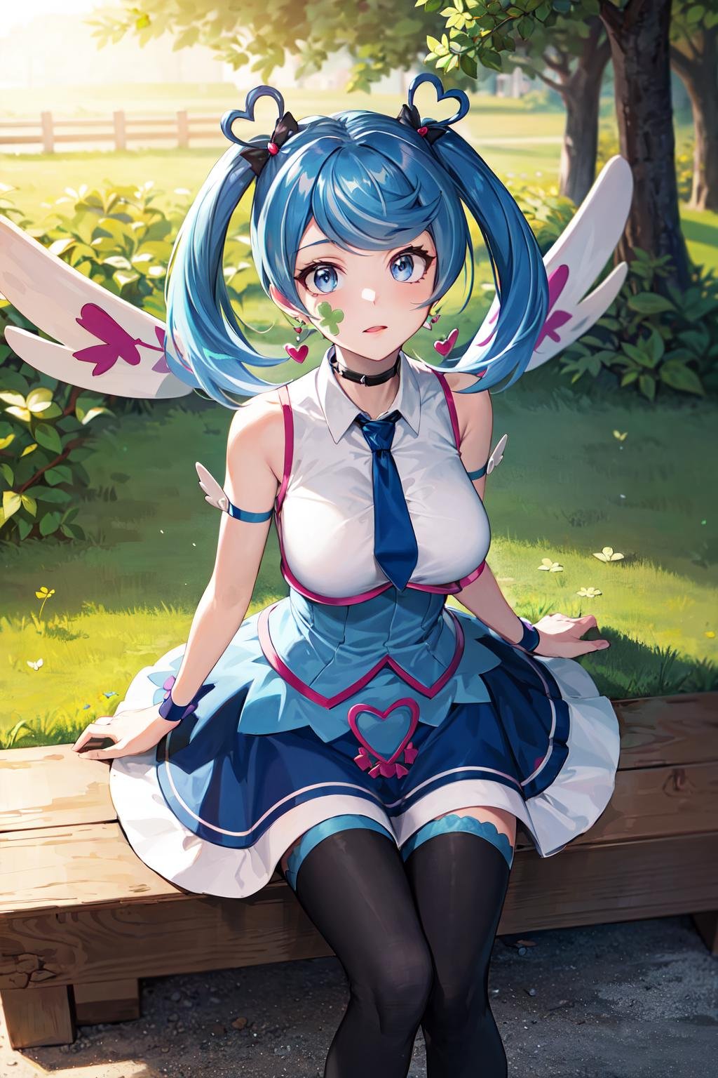 masterpiece, best quality, highres, heart hair ornament, ba1, 1girl, solo, jewelry, necktie, skirt, sleeveless, blue necktie, choker, breasts, black thighhighs, shirt, dress, blue skirt, skirt_ornament, wings, four-leaf clover_facial_tattoo, <lora:blue_angel_v1:0.8>, sitting, outdoors