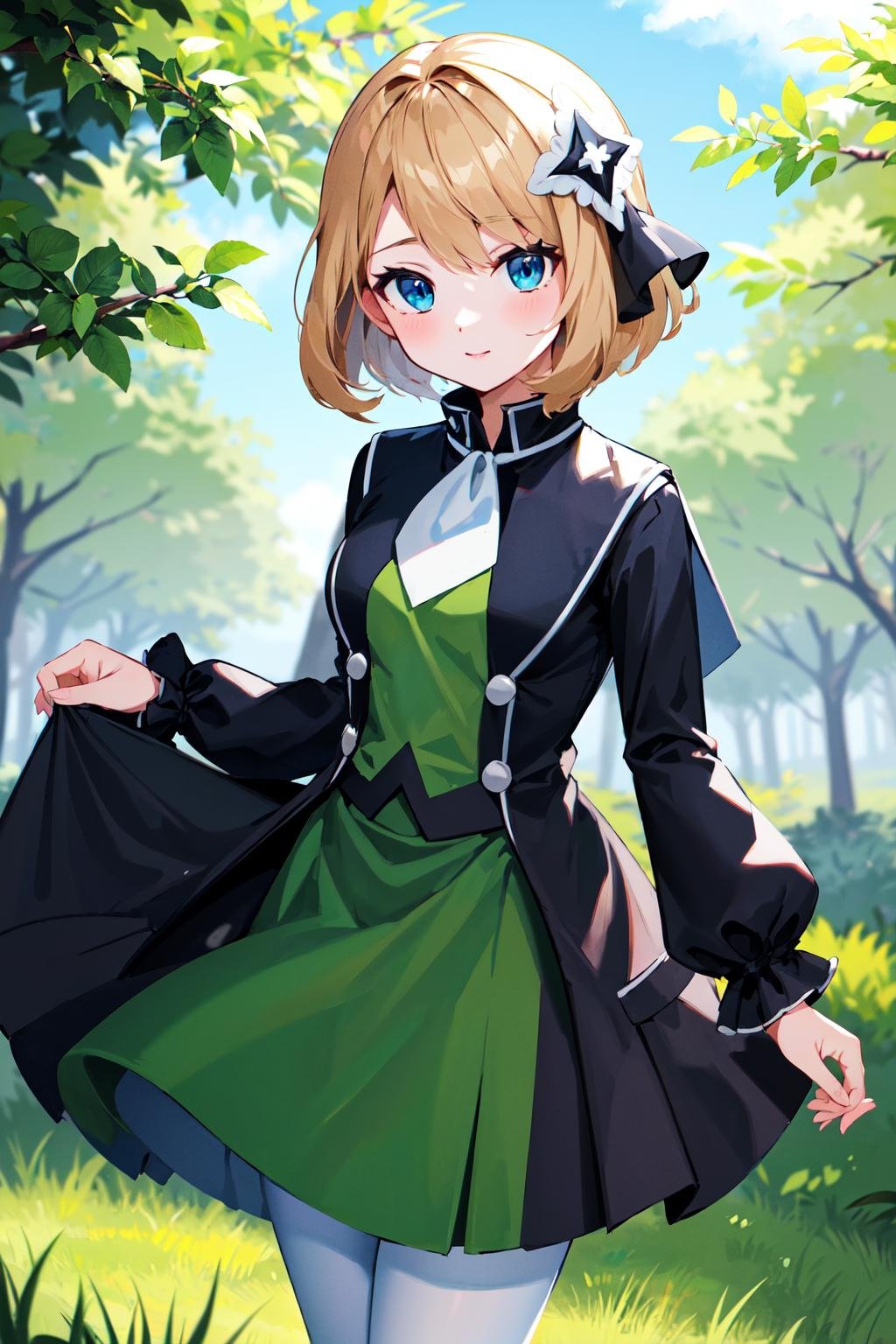 masterpiece, best quality, highres, serena \(pokemon\), short hair, blue eyes, 1girl, solo, white pantyhose, hair ornament, long sleeves, blue eyes, bangs, ribbon, multicolored_dress, black dress, green dress, hair ribbon, white ascot, black ribbon, <lora:serena_v1:0.6>, standing, cowboy shot, outdoors