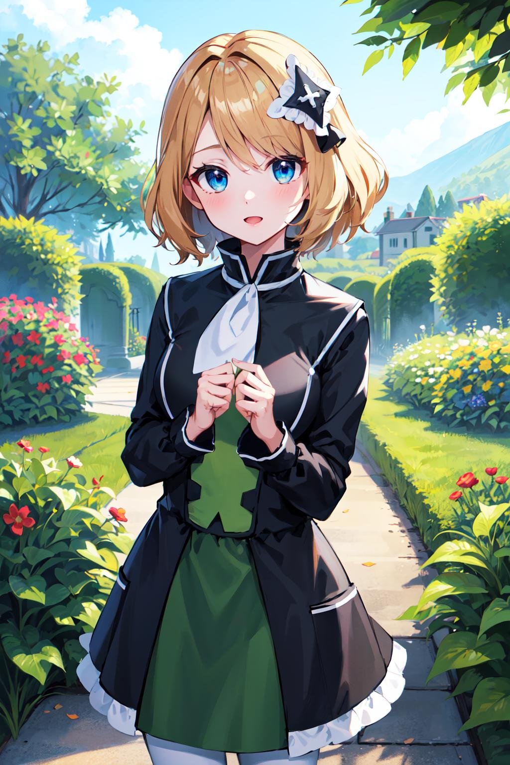 masterpiece, best quality, highres, serena \(pokemon\), short hair, blue eyes, 1girl, solo, white pantyhose, hair ornament, long sleeves, blue eyes, bangs, ribbon, multicolored_dress, black dress, green dress, hair ribbon, white ascot, black ribbon, <lora:serena_v1:0.6>, town, garden, stading,