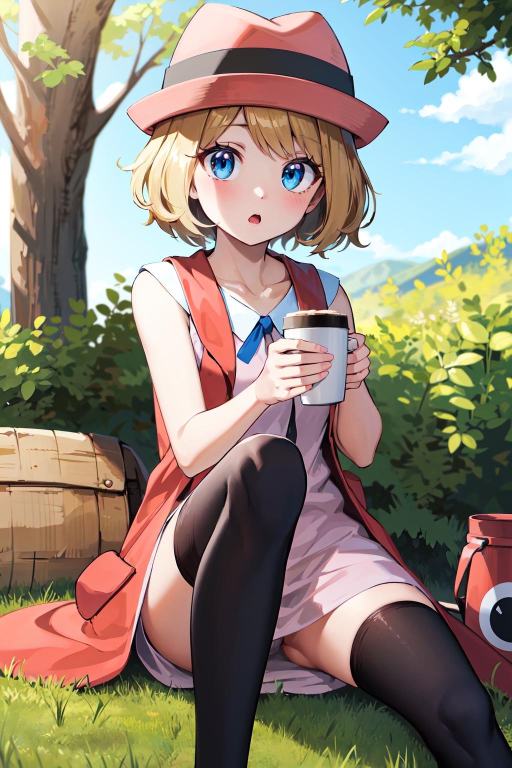 masterpiece, best quality, highres, serena \(pokemon\), short hair, blue eyes, 1girl, solo, blue ribbon, eyelashes, black thighhighs, neck ribbon, sleeveless, bangs, collarbone, bare arms, pink dress, red coat, pink headwear, <lora:serena_v1:0.6>, outdoors, sitting, coffee, mug, cup