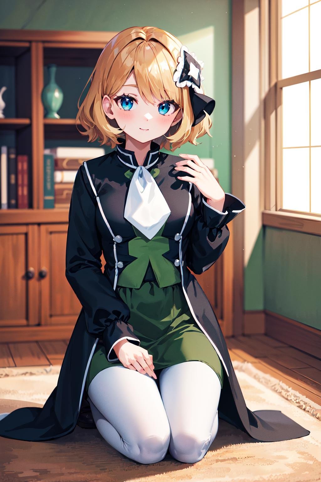 masterpiece, best quality, highres, serena \(pokemon\), short hair, blue eyes, 1girl, solo, white pantyhose, hair ornament, long sleeves, blue eyes, bangs, ribbon, multicolored_dress, black dress, green dress, hair ribbon, white ascot, black ribbon, <lora:serena_v1:0.6>, indoors, kneeling, 