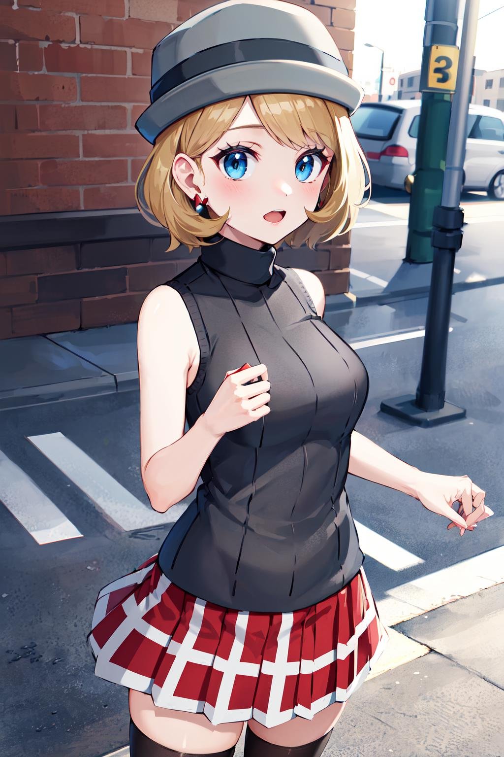 masterpiece, best quality, highres, serena \(pokemon\), short hair, blue eyes, 1girl, grey headwear, solo, sleeveless turtleneck, jewelry, earrings, sweater vest, red skirt, black thighhighs, eyelashes, grey sweater, pleated skirt, bangs, turtleneck sweater, <lora:serena_v1:0.6>, street,