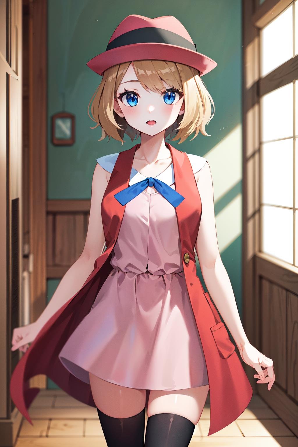 masterpiece, best quality, highres, serena \(pokemon\), short hair, blue eyes, 1girl, solo, blue ribbon, eyelashes, black thighhighs, neck ribbon, sleeveless, bangs, collarbone, pink headwear, bare arms, pink dress, red coat, <lora:serena_v1:0.6>, cowboy shot, indoors