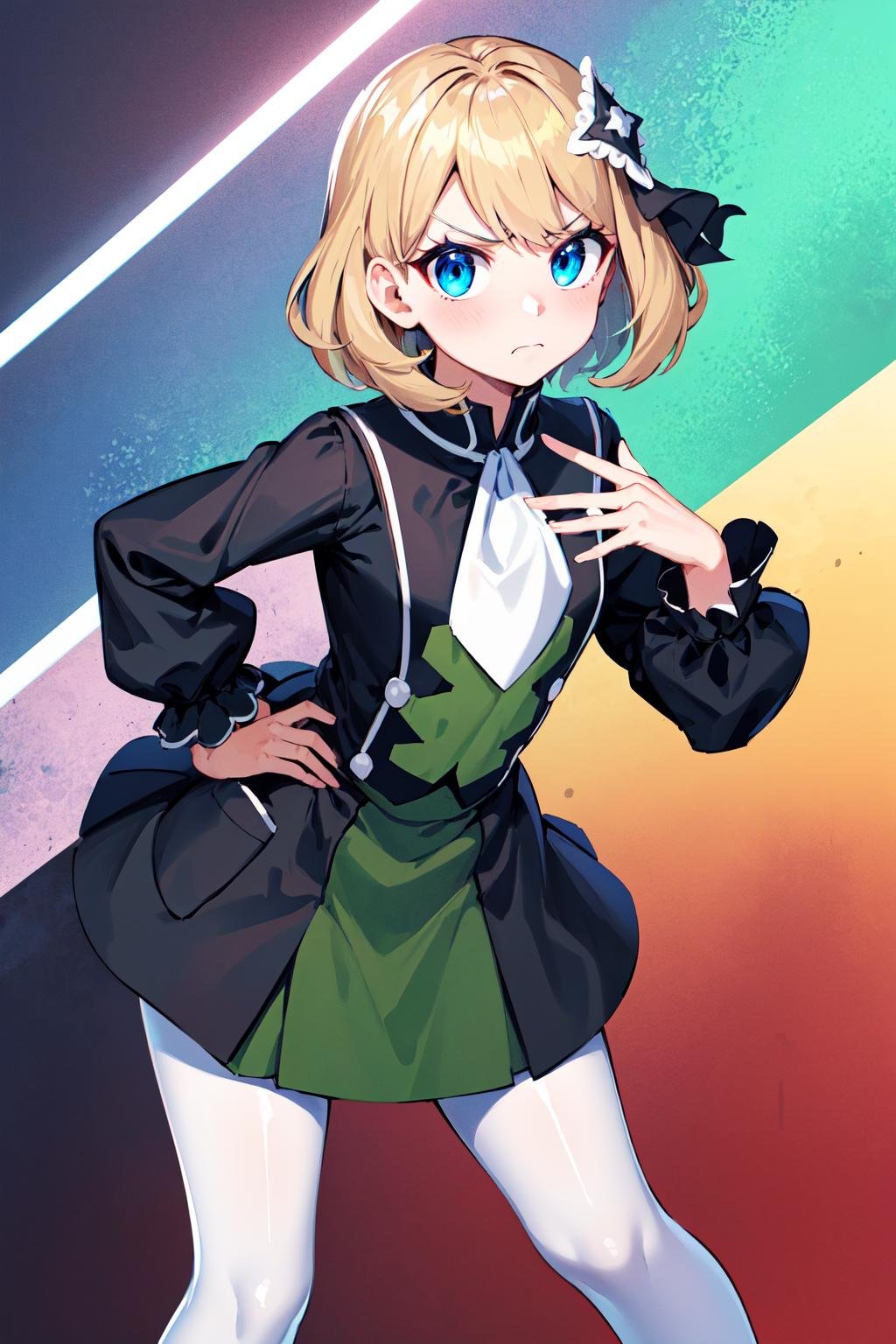 masterpiece, best quality, highres, serena \(pokemon\), short hair, blue eyes, 1girl, solo, white pantyhose, hair ornament, long sleeves, blue eyes, bangs, ribbon, multicolored_dress, black dress, green dress, hair ribbon, white ascot, black ribbon, <lora:serena_v1:0.6>, leaning forward, hand on hip, frown