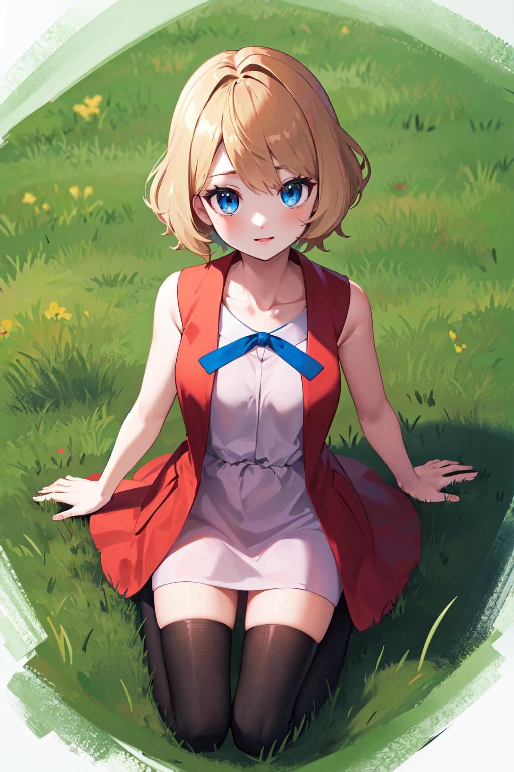 masterpiece, best quality, highres, serena \(pokemon\), short hair, blue eyes, 1girl, solo, blue ribbon, eyelashes, black thighhighs, neck ribbon, sleeveless, bangs, collarbone, bare arms, pink dress, red coat, <lora:serena_v1:0.6>, outdoors, from above, field, grass, 