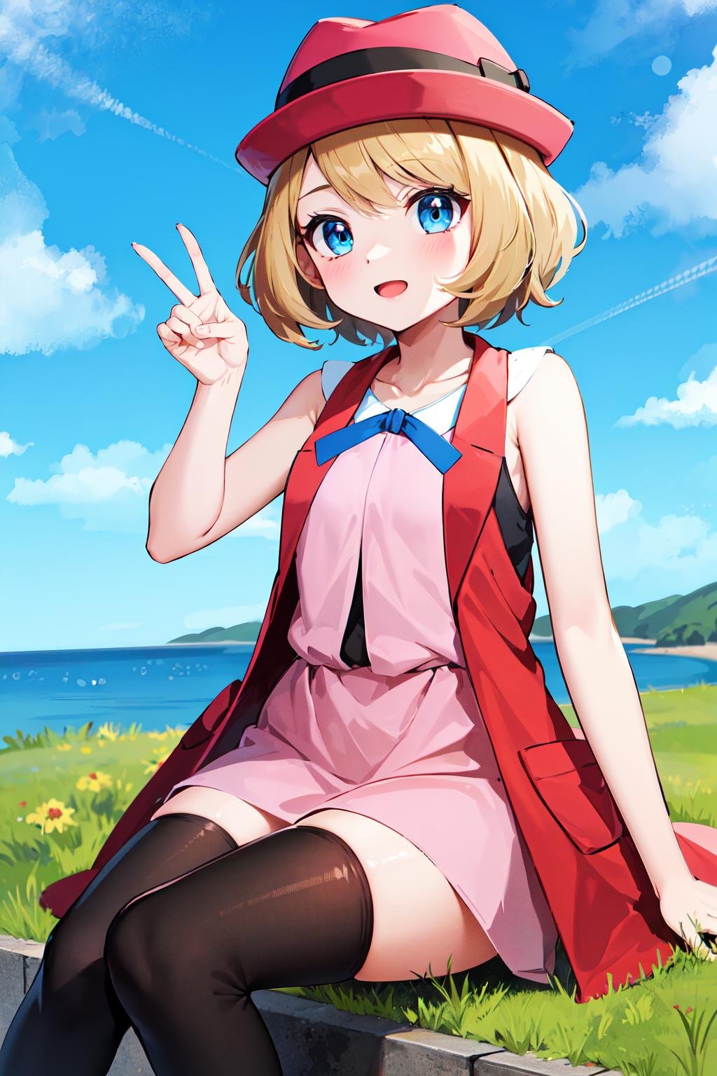 masterpiece, best quality, highres, serena \(pokemon\), short hair, blue eyes, 1girl, solo, blue ribbon, eyelashes, black thighhighs, neck ribbon, sleeveless, bangs, collarbone, bare arms, pink dress, red coat, pink headwear, <lora:serena_v1:0.6>, outdoors, sitting, peace_sign,