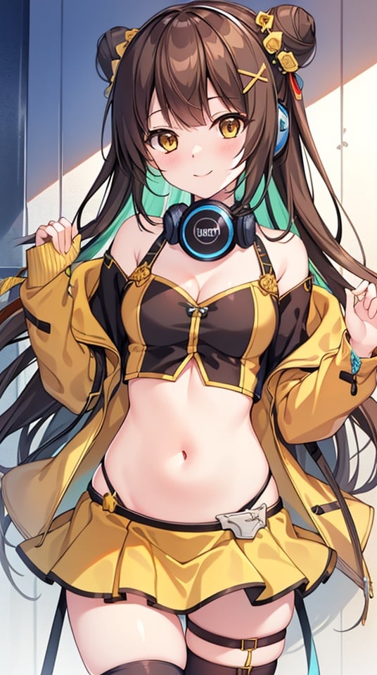 (masterpiece),(extremely detailed CG unity 4k wallpaper), (best quality), 1 girl, solo, brown eyes, cone hair bun, 1 x hair ornament, yellow skirt, headphones around neck, asymmetrical legwear, navel, thigh strap, off shoulder, light smile,