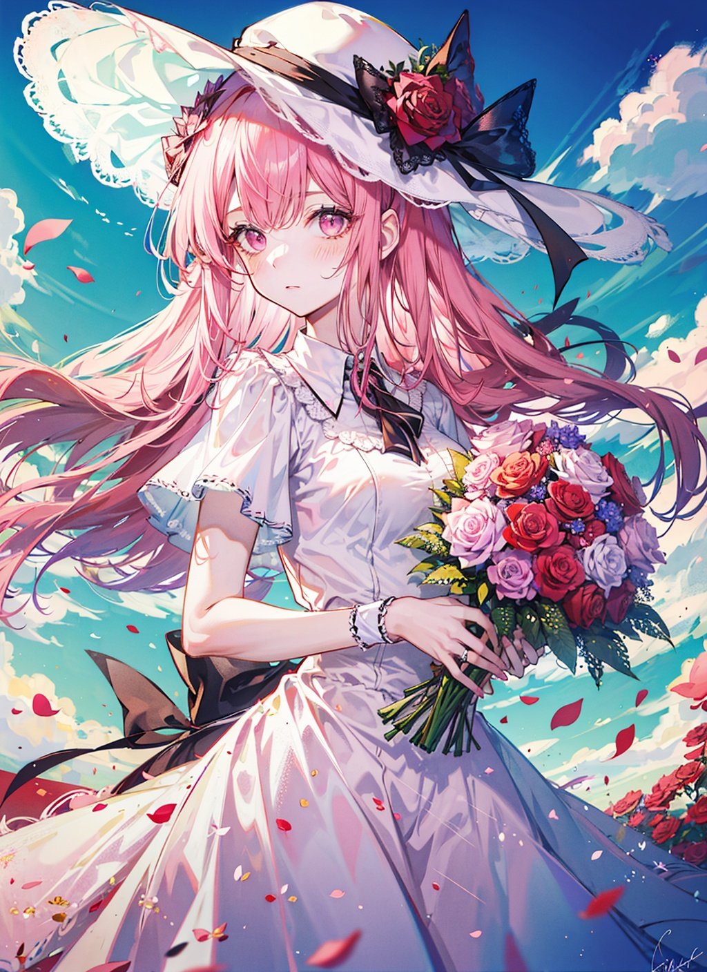 ((masterpiece, best quality)), 1girl, flower, solo, dress, holding, sky, cloud, hat, outdoors, bangs, bouquet, rose, expressionless, blush, pink hair, flower field, red flower, pink eyes, white dress, looking at viewer, midium hair, holding flower, small breasts, red rose, holding bouquet, sun hat, white headwear, depth of field,