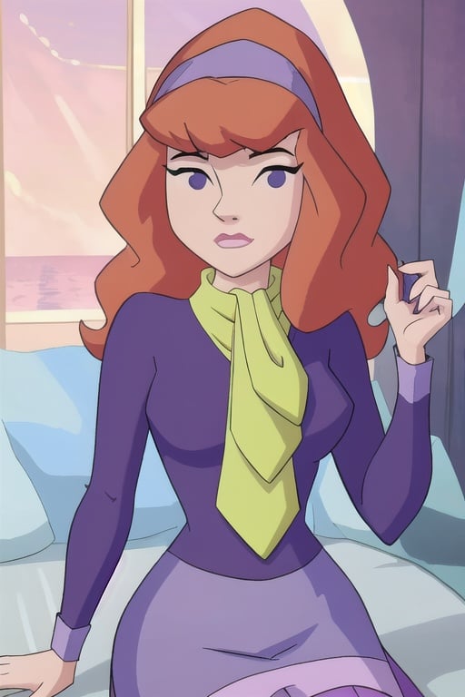 daphneblake, (8k, RAW photo, best quality, masterpiece:1.2), (intricate details), perfect eyes, perfect face, perfect lighting, beautiful, (masterpiece:1.2), (best quality:1.2), 1girl, cartoon style, solo, redhead, purple eyes, look at viewer, purple sweater, purple skirt, pink stockings, purple headband, green handkerchief, <lora:daphneblake-10:0.85>