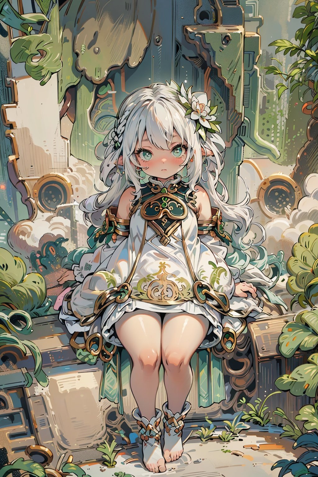 detailed illustration, kusanali,kid, white hair,white dress, green eyes,hair ornament, blush, full body, scenery, jungle ,32,高清,White Pantyhose,machinery,, Mecha,, <lora:EMS-2240-EMS:0.4>, <lora:EMS-1996-EMS:0.6>, <lora:EMS-1119-EMS:0.2>, <lora:EMS-459-EMS:0.7>, <lora:EMS-970-EMS:0.4>