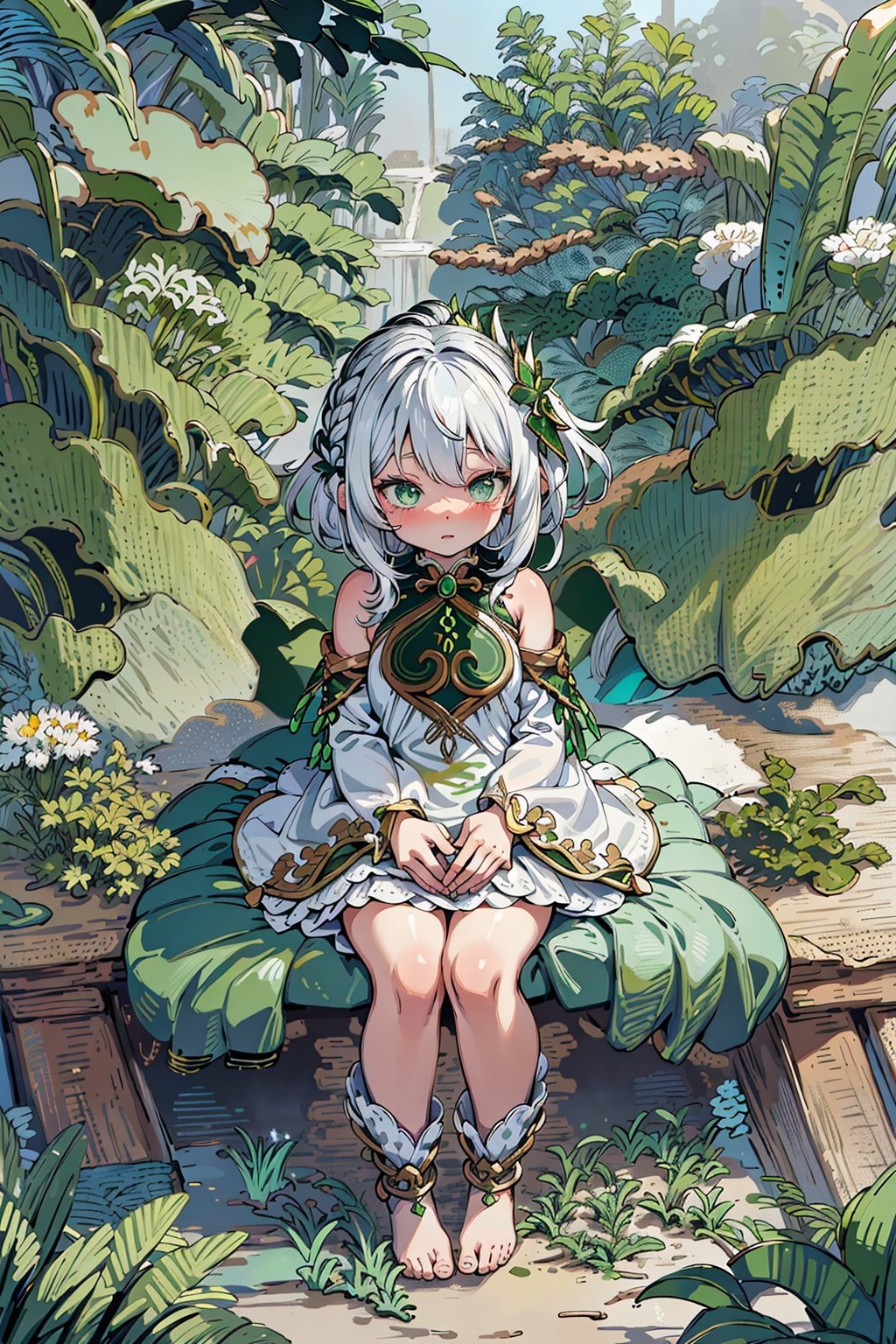 detailed illustration, kusanali,kid, white hair,white dress, green eyes,hair ornament, blush, full body, scenery, jungle ,32,高清, <lora:EMS-2240-EMS:0.6>, <lora:EMS-1996-EMS:0.7>