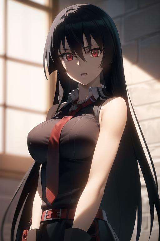 akame (akame ga kill!), (masterpiece, best quality), (((extremely detailed, intricate details, lush detail, insanely detailed face, beautiful red eyes, shiny skin, sharp eyes))), ((Indoors, dramatic shadows, vibrant colors, backlighting, depth of field, highleg, contrapposto, (very long hair))), (((solo, 1girl, shadow over face))), black hair, ((medium breasts)), (( sleeveless black shirt, red tie, black skirt, white collar shirt, red belt, hidden hands)), bangs, hair between eyes, ass, big eyes, upper body, face focus, muscle, slim body, looking at viewer, long black gloves, red bracer