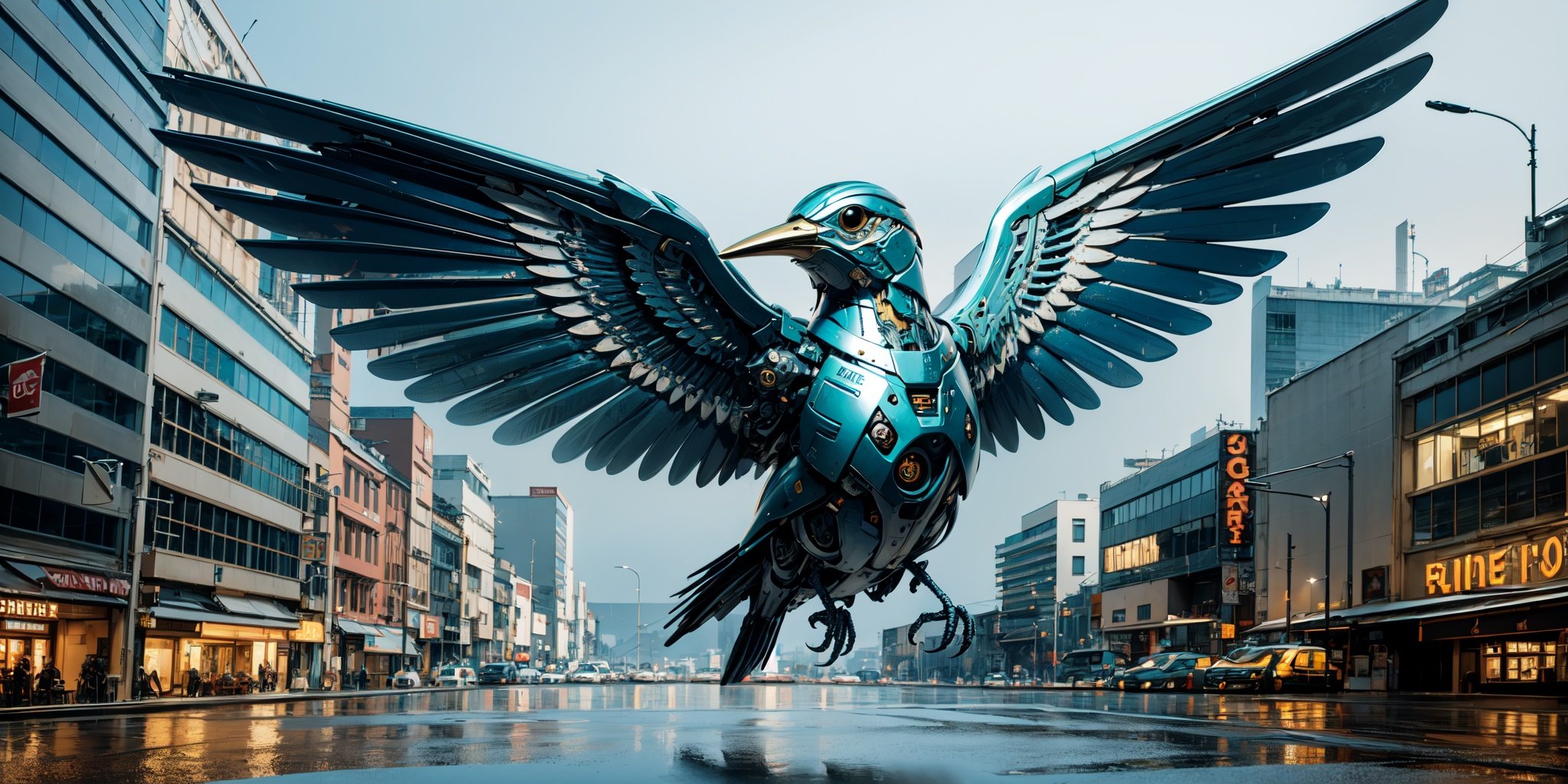 Mechanical Bird,hyper realistic,metal,professional photo, science fiction, sci-fi scenario, (night), natural light, cyberpunk, futuristic city, cyberpunk city, neon signs, highly detailed, (highly detailed background), multiple buildings in the background, detailed textures, wide angle, 8k, HDR, professional photoshoot, high quality photo, realistic photo, realistic shadows, detailed shadows, realistic proportions,film grain, raw photo,(front),  <lora:MechanicalBird:0.7>