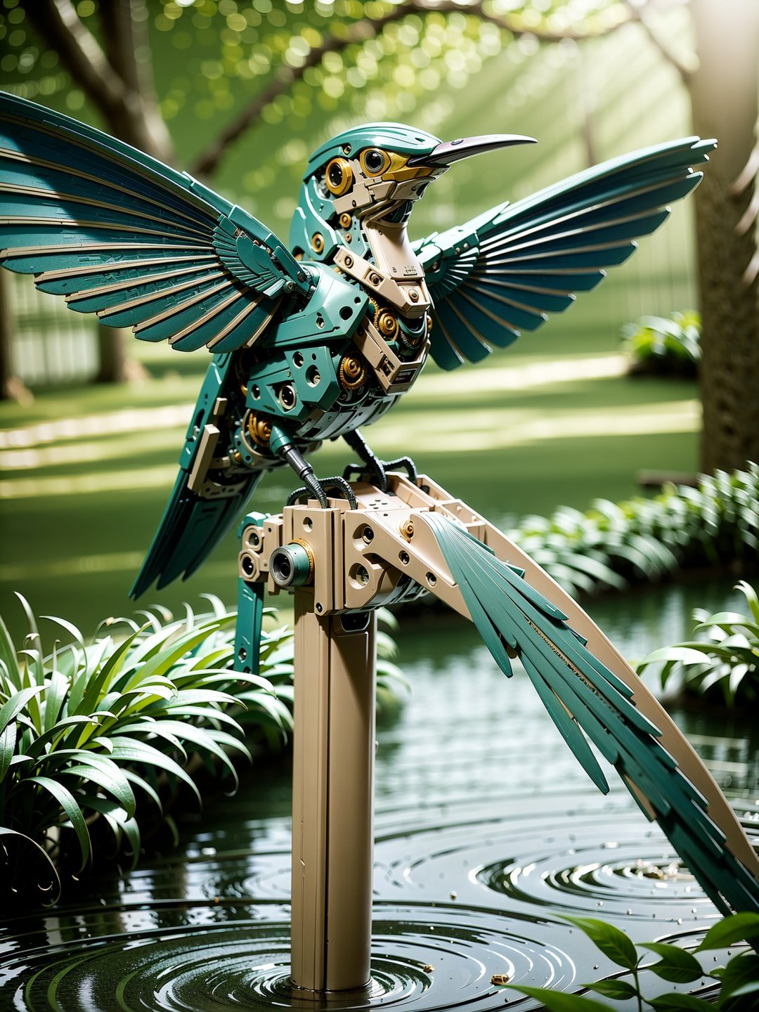 ((masterpiece)), ((best quality)), 8k, high detailed, ultra-detailed, A mechanical bird, harmoniously integrated into the beauty of nature, capturing the balance between technology and the environment, mechanical bird, ((nature)), ((harmonious integration)), ((technology and environment balance)),  gear mechanisms, perched on tree branch, fluttering leaves, sun rays through canopy, reflection in a pond.<lora:MechanicalBird:0.8>