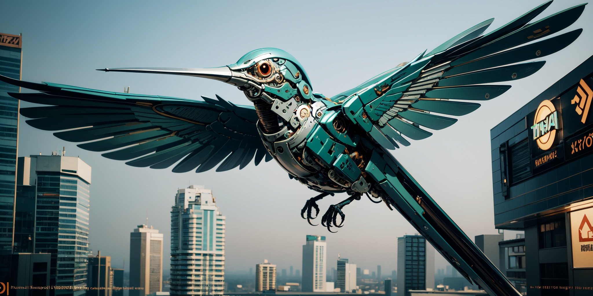 Mechanical Bird,hyper realistic,metal,professional photo, science fiction, sci-fi scenario, (night), natural light, cyberpunk, futuristic city, cyberpunk city, neon signs, highly detailed, (highly detailed background), multiple buildings in the background, detailed textures, wide angle, 8k, HDR, professional photoshoot, high quality photo, realistic photo, realistic shadows, detailed shadows, realistic proportions,film grain, raw photo,(front),  <lora:MechanicalBird:0.7>