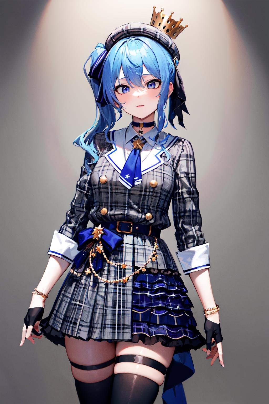 masterpiece, best quality, highres, sui1, 1girl, solo, side ponytail, hoshimachi suisei, fingerless gloves, single thighhigh, jewelry, single sock, thigh strap, bracelet, blue socks, buttons, single kneehigh, plaid dress, blue choker, blue belt, plaid skirt, mini crown, grey skirt, blue ascot, long sleeves, plaid jacket, <lora:hoshimachi_suisei_v1:0.7>, cowboy shot,