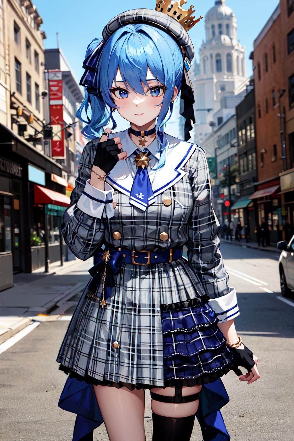 masterpiece, best quality, highres, sui1, 1girl, solo, side ponytail, hoshimachi suisei, fingerless gloves, single thighhigh, jewelry, single sock, thigh strap, bracelet, blue socks, buttons, single kneehigh, plaid dress, blue choker, blue belt, plaid skirt, mini crown, grey skirt, blue ascot, long sleeves, plaid jacket, <lora:hoshimachi_suisei_v1:0.7>, cowboy shot,