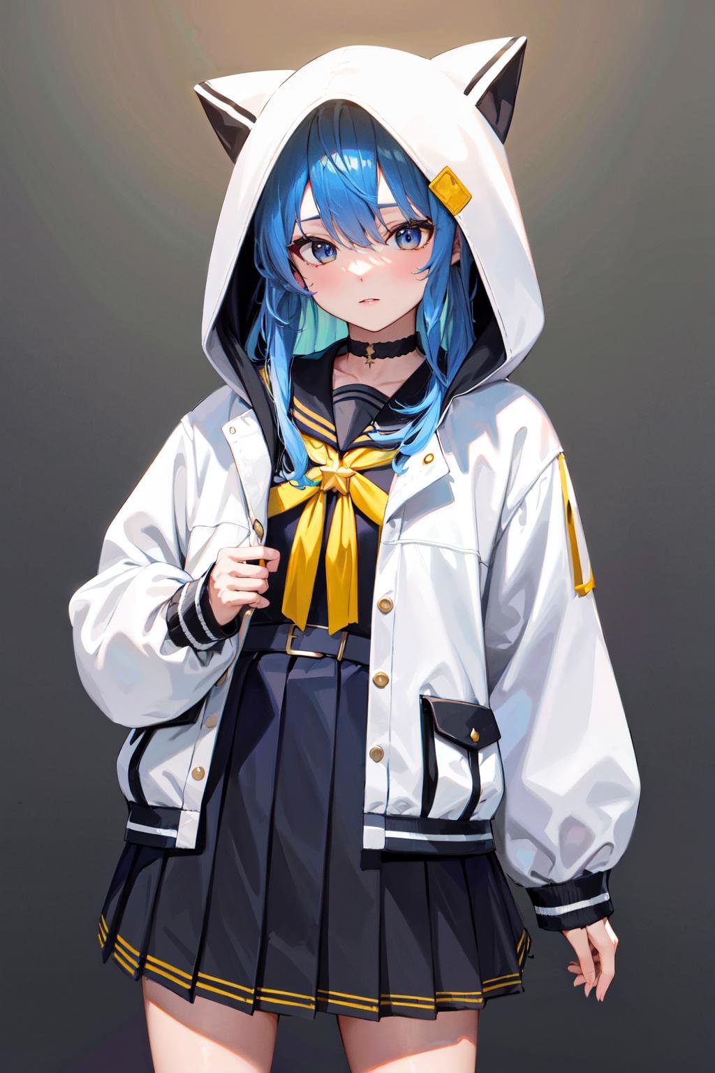 masterpiece, best quality, highres, sui3, hood up, hoshimachi suisei, solo, white jacket, animal hood, white socks, open jacket, pleated skirt, black skirt, black sailor collar, black choker, school uniform, black shirt, puffy long sleeves, <lora:hoshimachi_suisei_v1:0.7>, standing, cowboy shot,