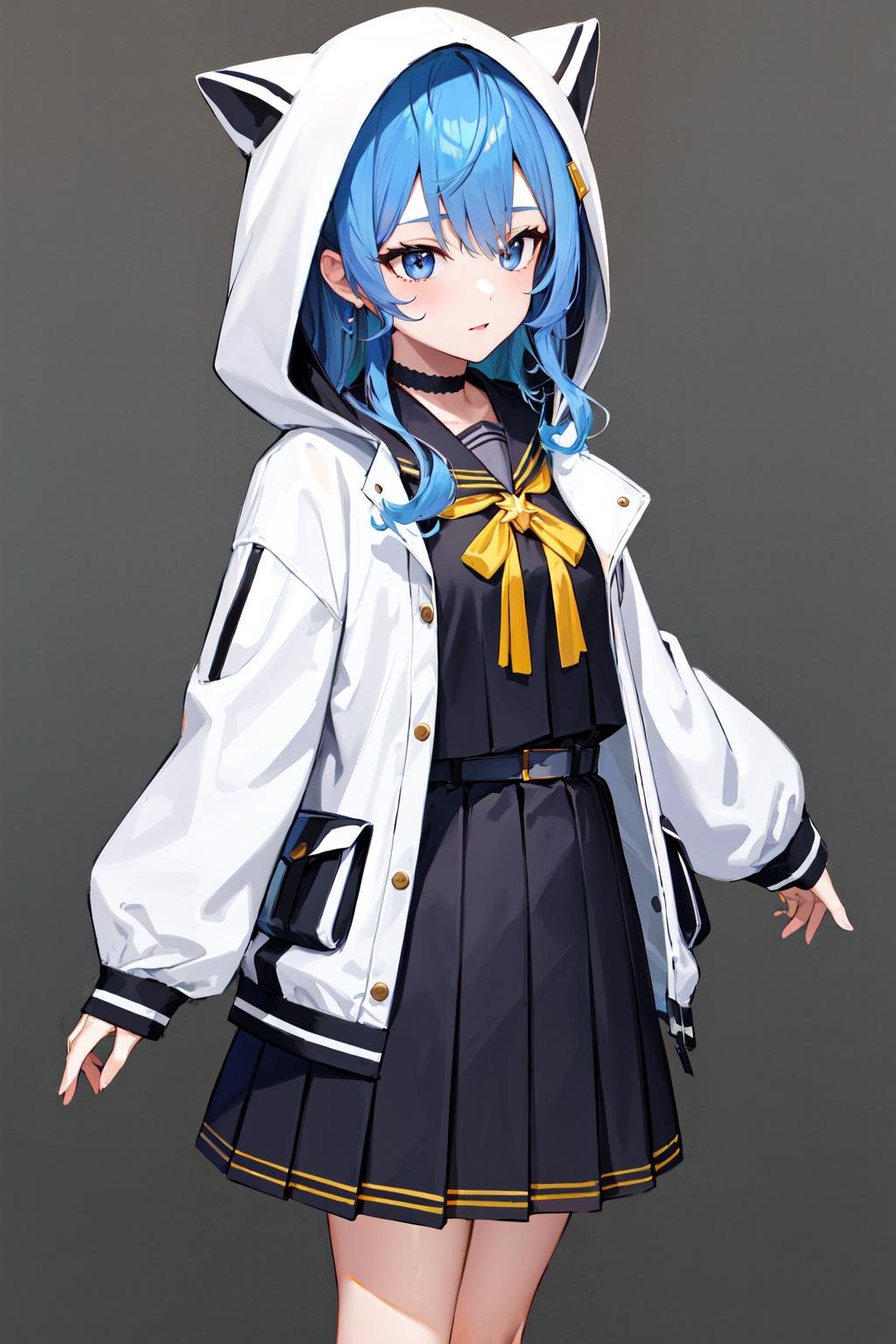 masterpiece, best quality, highres, sui3, hood up, hoshimachi suisei, solo, white jacket, animal hood, white socks, open jacket, pleated skirt, black skirt, black sailor collar, black choker, school uniform, black shirt, puffy long sleeves, <lora:hoshimachi_suisei_v1:0.7>, standing, cowboy shot,