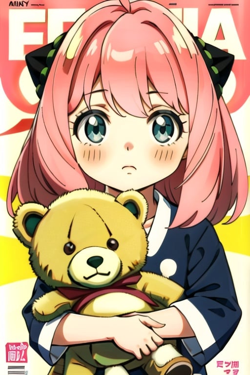 Anya,perfect girl,pose,Carrying a teddy bear,8 year old girl,loli,magazine cover,beautiful,kid,Pink hair