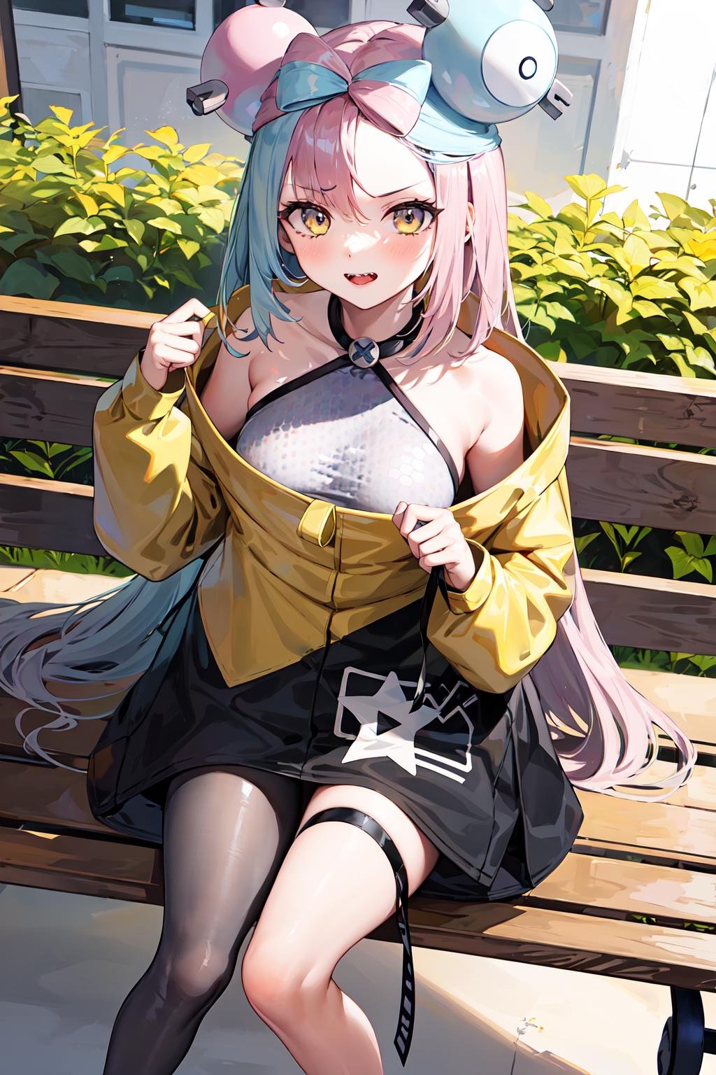 masterpiece, best quality, highres, iono1, 1girl, long hair,  <lora:iono_v1-000006:0.9>, yellow jacket, off shoulder,  hair ornament, bench, sitting,