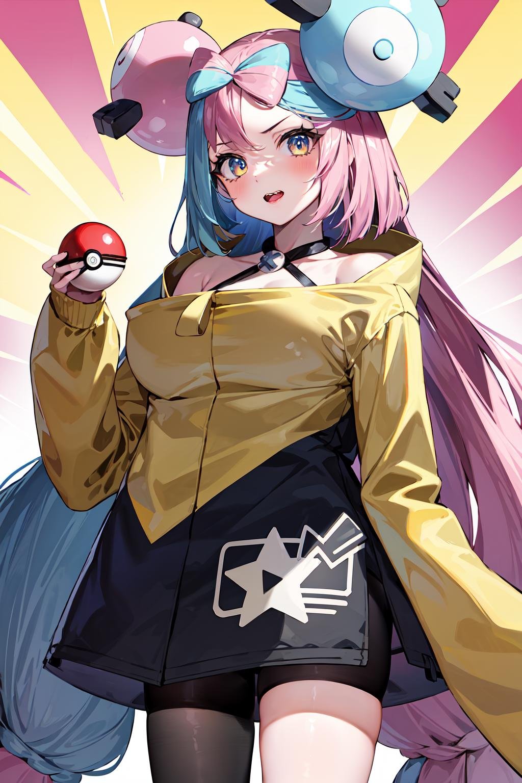 masterpiece, best quality, highres, iono1, 1girl, long hair,  <lora:iono_v1-000006:0.9>, hair ornament, cowboy shot, (holding poke_ball), poke ball \(basic\), 