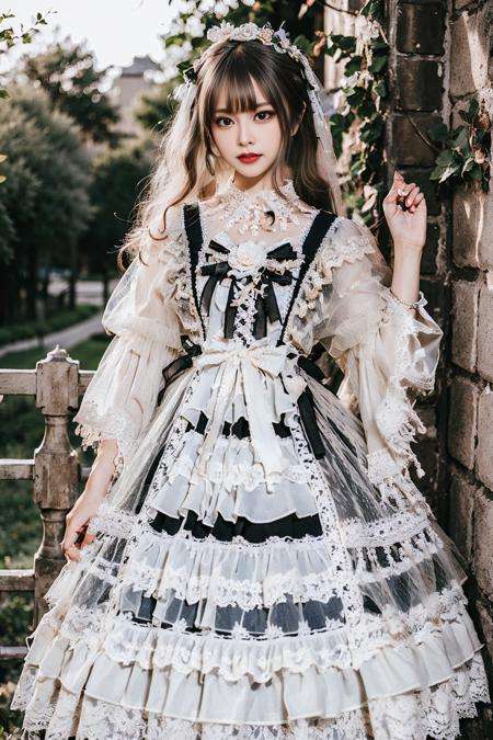 realistic, photorealistic, masterpiece, best quality, top quality, ultra high res, lolita_dress, 1girl, solo, slim, looking at viewer, full body, long hair, standing, dynamic pose, detailed background, in garden, castle, netural lighting, (pureerosface_v1:0.5), <lora:Cute Asian Face:0.6>, <lora:chinaDollLikeness_v10:0.2>, <lora:lolita_fasion_dress_classic_style2:0.7>