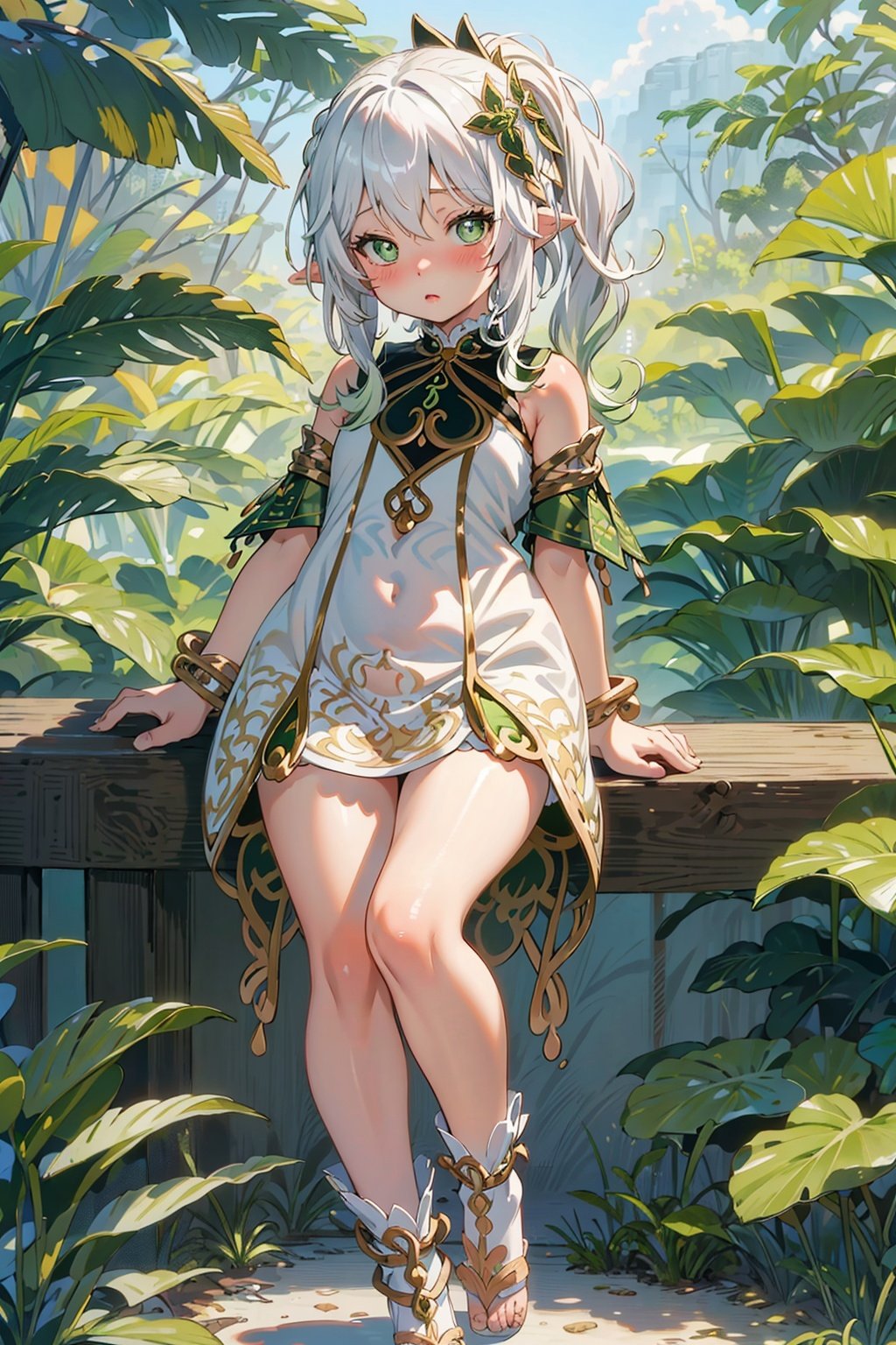 detailed illustration, kusanali,kid, white hair,white dress, green eyes,hair ornament, blush, full body, scenery, jungle ,32,高清, , 