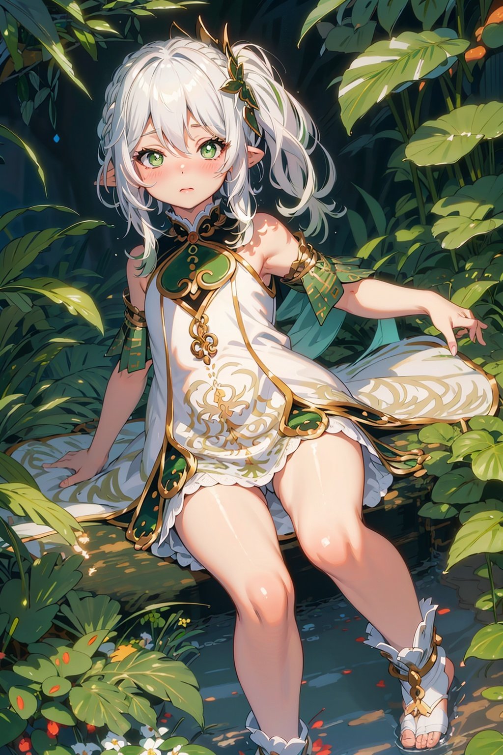 detailed illustration, kusanali,kid, white hair,white dress, green eyes,hair ornament, blush, full body, scenery, jungle ,32,高清, , 