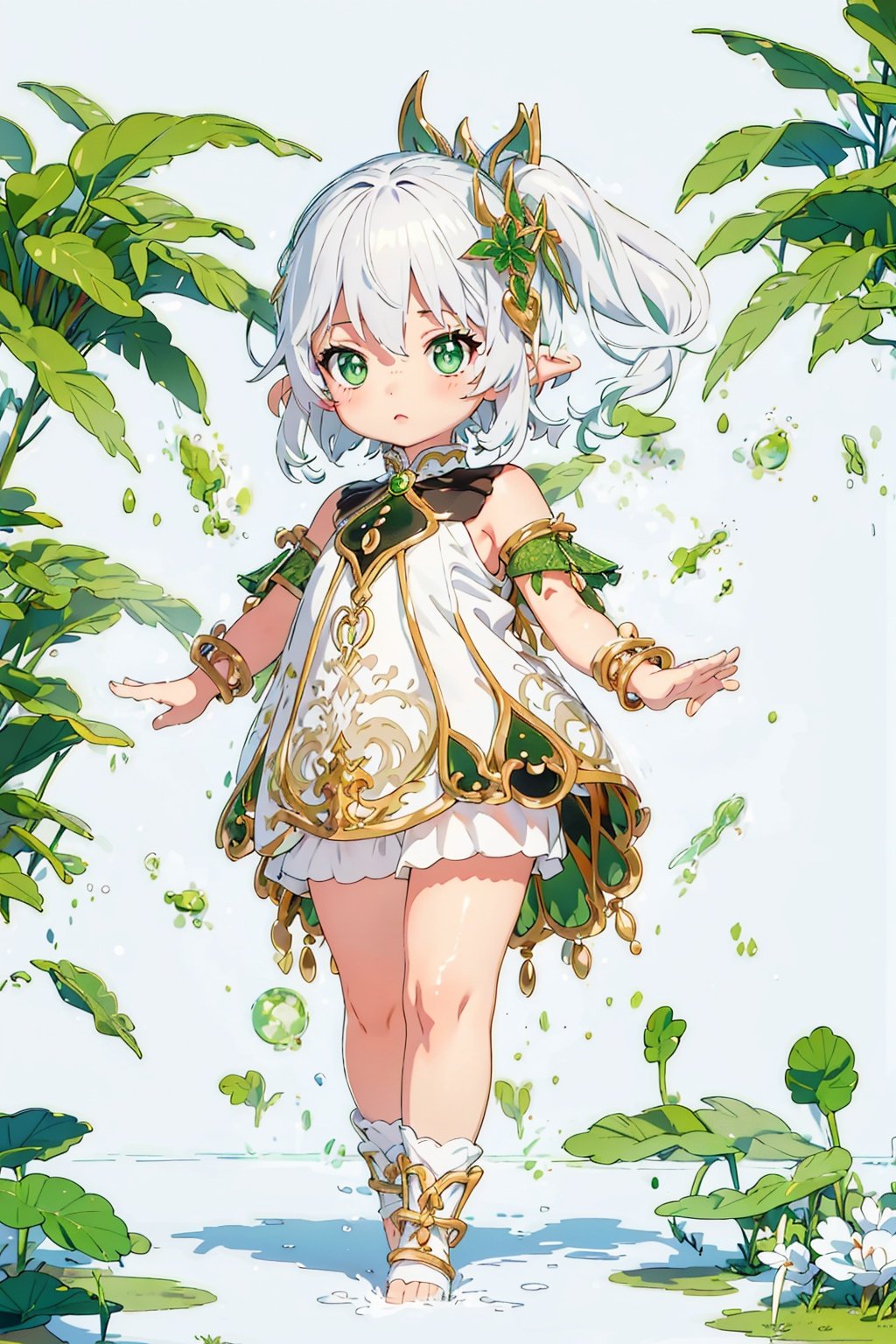 detailed illustration, kusanali,kid, white hair,white dress, green eyes,hair ornament, blush, full body, scenery, jungle ,32,高清, , ,full body, chibi,